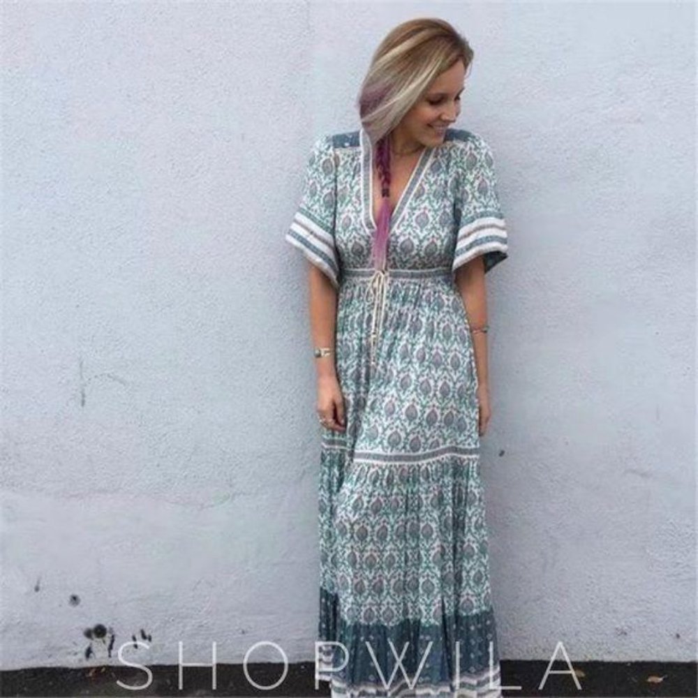 Bohemian Gypsy Print Kimono Maxi Dress Blue Cream - Picture 8 of 9